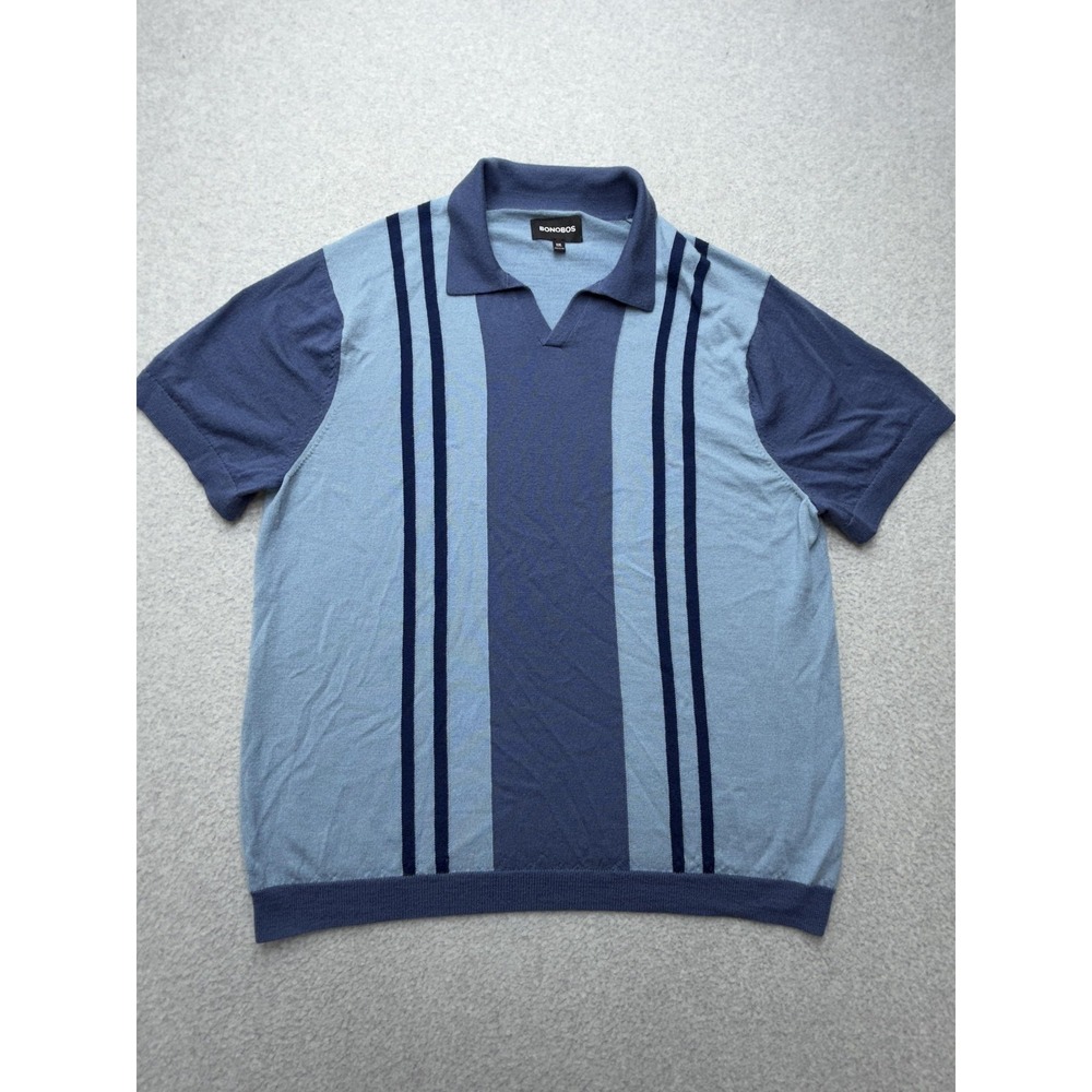 Bonobos Sweater Polo Mens 2XL Blue Vertical Stripe Extra Fine Merino Wool Knit